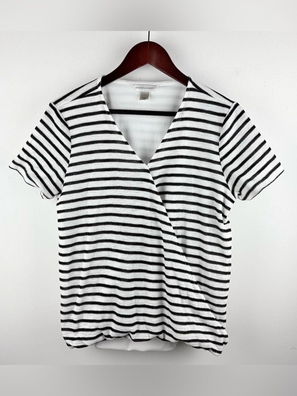 Christopher & Banks Chic Striped Textured Knit Faux Wrap Blouse Shirt L Business